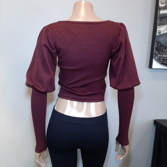 Guess Layla Puff Sleeve Cropped Sweater Cinch Drawstring Ribbed Knit Size Medium - Picture 9 of 13